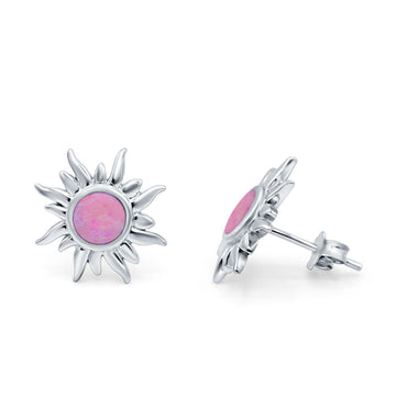Sun Stud Earrings Lab Created Pink Opal 925 Sterling Silver (6.26mm)